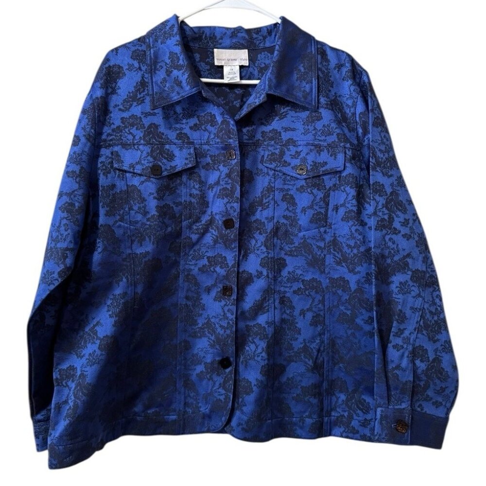 Susan Graver Women Jacket 1X Blue Black Floral Evening Oriental Classic Buttons